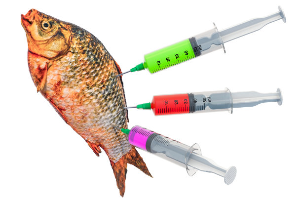 生鲤鱼和充满化学物质的注射器。转基因食品，概念。3D渲染孤立的白色背景图片下载