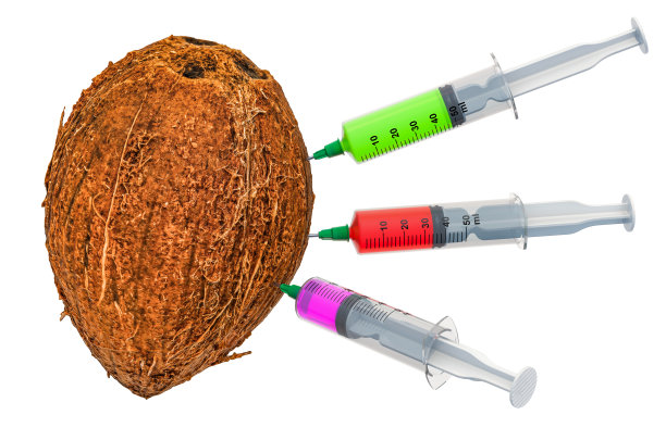 椰子和装满化学品的注射器。转基因食品，概念。3D渲染孤立的白色背景图片下载