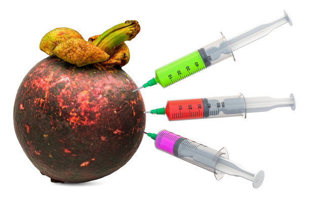 山竹和一个充满化学物质的注射器。转基因食品，概念。3D渲染孤立的白色背景图片下载