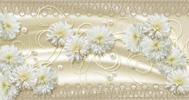 3d壁纸纹理，白色菊花和珍珠米色丝绸。图片下载