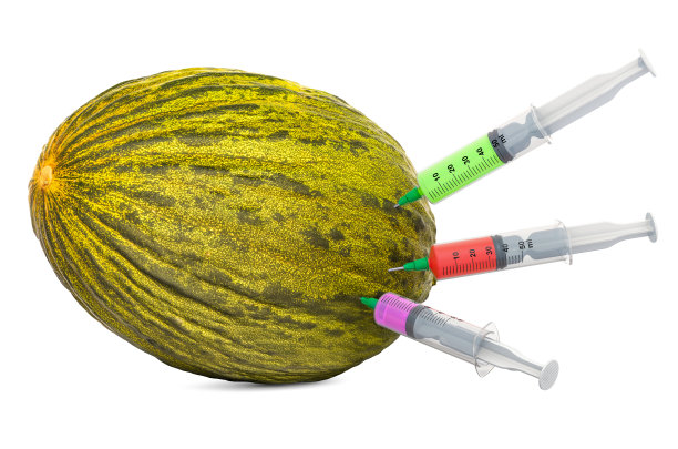 查伦泰甜瓜和充满化学物质的注射器。转基因食品，概念。3D渲染孤立的白色背景图片下载