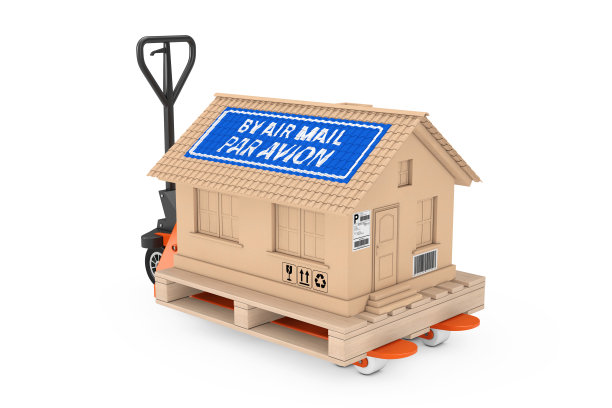 房地产的概念。现代住宅别墅作为纸板运输箱在手动托盘卡车叉车。3d渲染图片下载