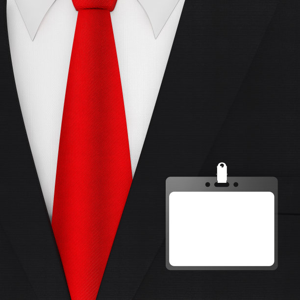 现代优雅的男人西装与红色领带和白色空白身份证徽章。3d渲染图片下载