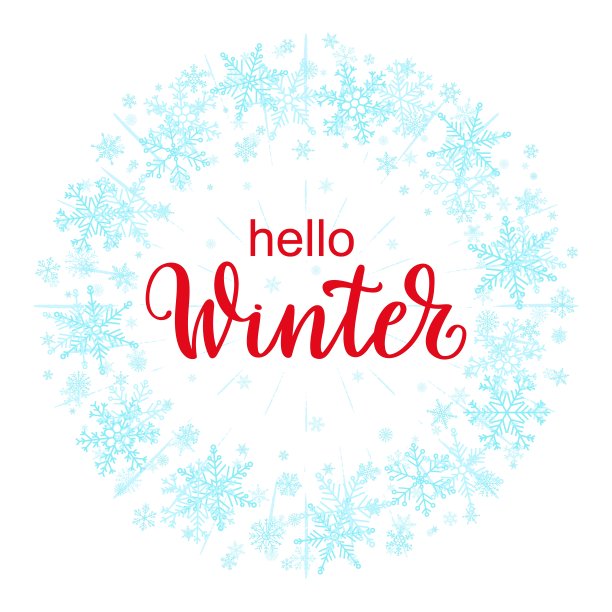 向量你好冬季季节贺卡在白色的背景上的蓝色雪花花环。雪花圆形框架与印刷字体。模板的季节问候，卡片，邀请，标签。图片下载