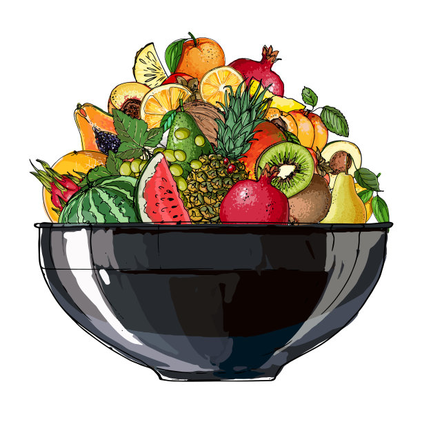 水果在碗里。新鲜食物。白底上画西瓜、哈密瓜、石榴、杏子、柿子线。矢量插图。图片下载