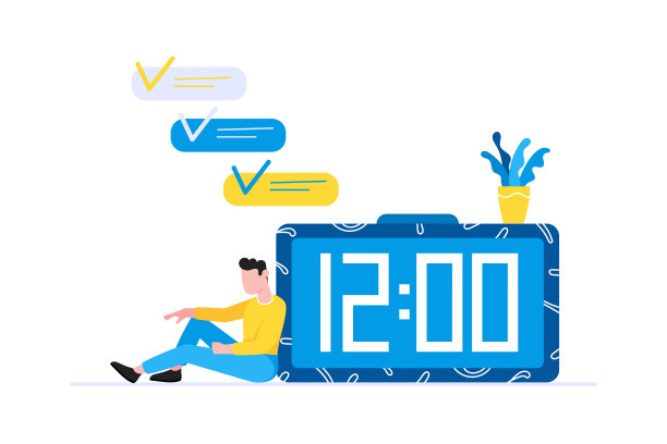 有效规划时间管理的经营理念。下班后坐在钟旁休息的人。商务人物性格，信息图表横幅的平面风格剪贴画孤立在白色背景上。图片下载