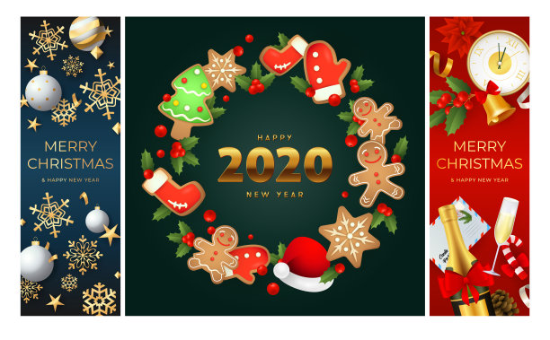 圣诞快乐，蓝、绿、红的横幅缀上花圈图片下载