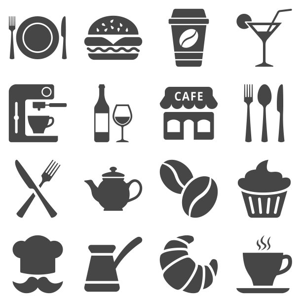 咖啡馆和餐厅图标设置孤立的白色背景。矢量插图。图片下载