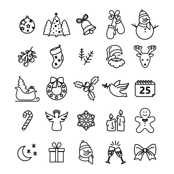 圣诞图标收集-细线风格，向量图片下载