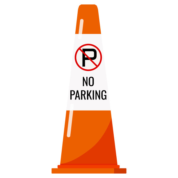 橙色塑料交通锥与反射条纹贴纸和没有停车标志孤立在白色背景。图片下载