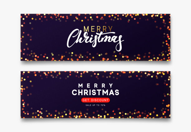 一套水平背景模糊散景效果。圣诞横幅，海报，网页标题。暗紫色的圣诞背景。圣诞快乐和新年快乐手写文字书法。图片下载