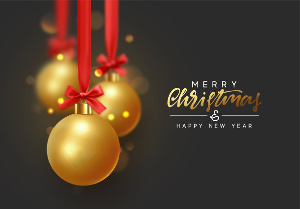 圣诞金球挂在带蝴蝶结的红丝带上。圣诞装饰物与现实的轻模糊散景效果。图片下载