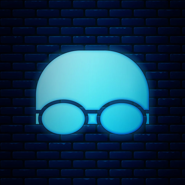 发光的霓虹灯眼镜和游泳图标隔离在砖墙背景。泳帽和泳镜。在水下潜水设备。矢量图图片下载