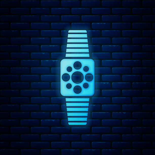 发光的霓虹灯智能手表图标孤立在砖墙的背景。矢量图图片下载