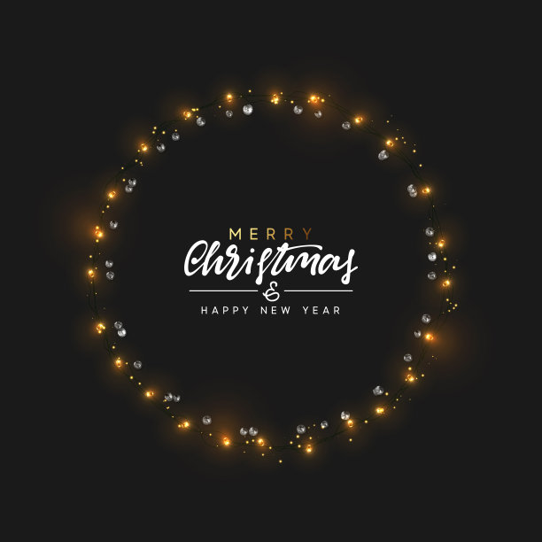 圣诞框架与现实的黄金花环，宝石，宝石。圣诞节的背景。手写文字圣诞快乐，新年快乐。贺卡，横幅，网络海报。节日的矢量图图片下载