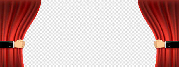 人的双手拉开红色的帘子。广告艺术背景图片下载