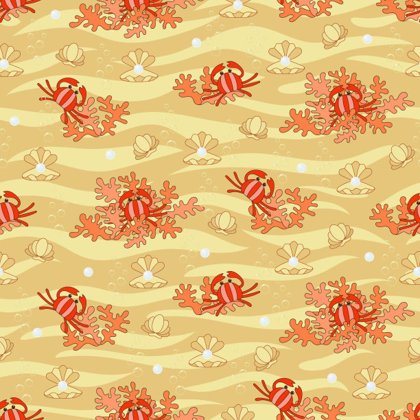 黄色阳光沙无缝图案与搞笑海洋世界:卡通蟹、珍珠、贝壳、珊瑚、海浪、海底。瓷砖背景为您的设计，织物纺织品，墙纸或包装纸。图片下载