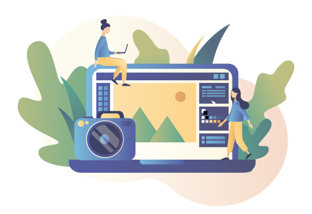 摄影的概念。摄影工作室，处理工作室，照片组合创作概念。现代平面卡通风格。矢量图图片下载