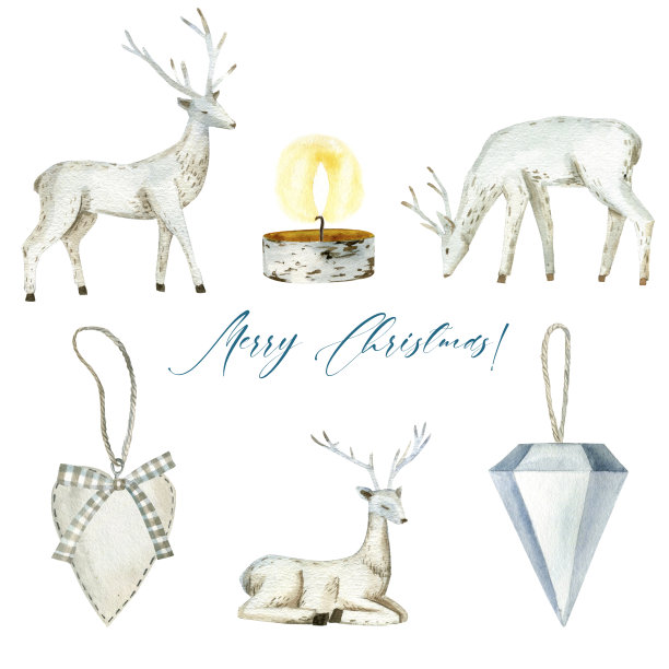 鹿斯堪的纳维亚风格，水彩植物插图，手绘。一组孤立在白色背景上的元素。对于您的项目，邀请，卡片，图案，横幅，海报和更多。图片下载