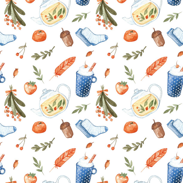 无缝模式hygge元素。丹麦的生活方式。斯堪的纳维亚hygge元素，家居室内细节。温暖的气氛，是时候享受舒适了。Handdrawn。舒适集枕头，毛衣，帽子，茶，杯，可可，草药，礼物，橡子，瓶子，浆果。图片下载