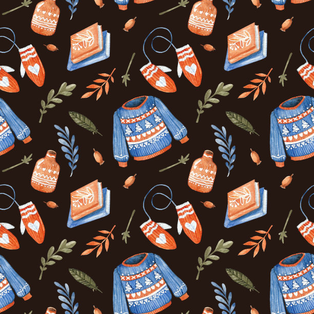 无缝模式hygge元素。丹麦的生活方式。斯堪的纳维亚hygge元素，家居室内细节。温暖的气氛，是时候享受舒适了。Handdrawn。舒适集枕头，毛衣，帽子，茶，杯，可可，草药，礼物，橡子，瓶子，浆果。图片下载