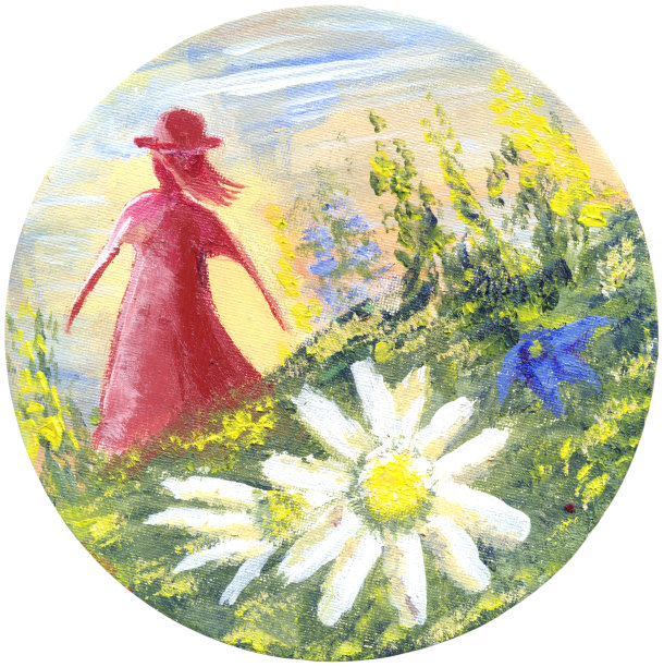 女孩走在鲜花草地上图片下载