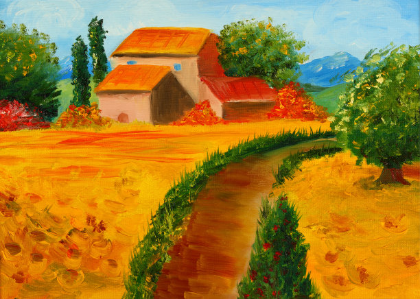 乡村景观，一条孤独的道路穿过一片向日葵田，通向一个孤独的农场图片下载