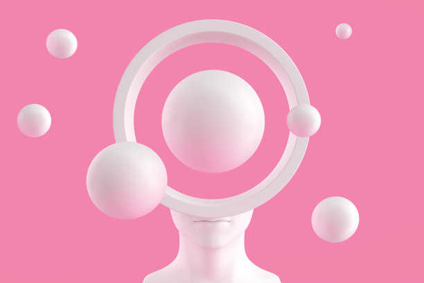 一种女性的头部，有一个圆柱形的孔，里面装满了假行星和飞行的球体。三维演示图片下载