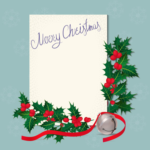 有冬青、铃铛和红丝带的圣诞卡图片下载
