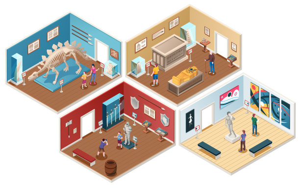 一套等距博物馆画廊。艺术厅里有雕像或雕塑、画。中世纪的骑士盔甲。恐龙骨架和埃及石棺。考古古生物展览。展览作品图片下载