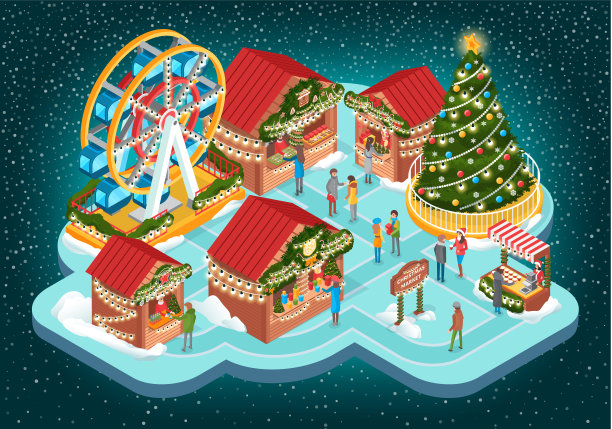 有建筑和费里斯矢量的圣诞集市图片下载