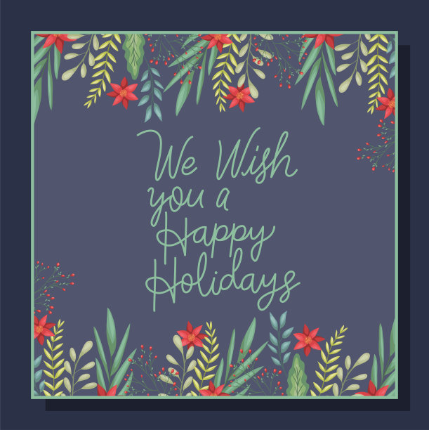 快乐的圣诞贺卡与鲜花装饰和书法图片下载