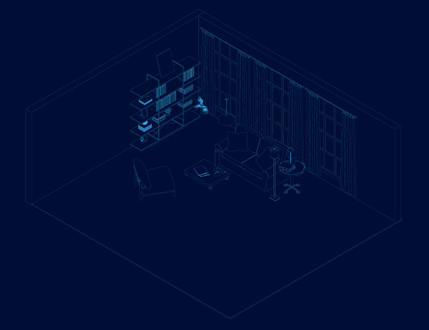 室内轮廓有一张书桌，一个书架和一个沙发。等距视图。矢量图图片下载
