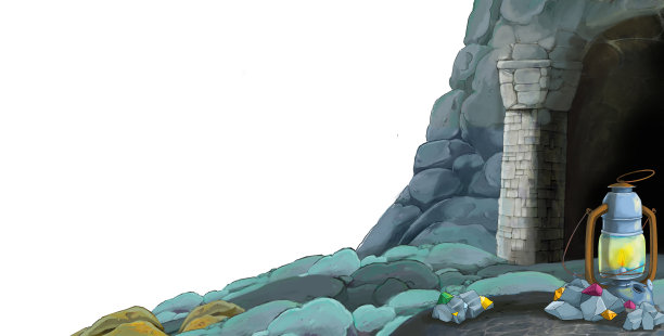 卡通场景与矿井入口在白色背景与文字空间图片下载