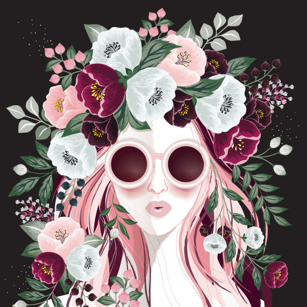 一个美丽的女孩戴着鲜花和太阳镜头饰的矢量插图。设计横幅，海报，卡片，邀请，剪贴簿和墙壁装饰图片下载