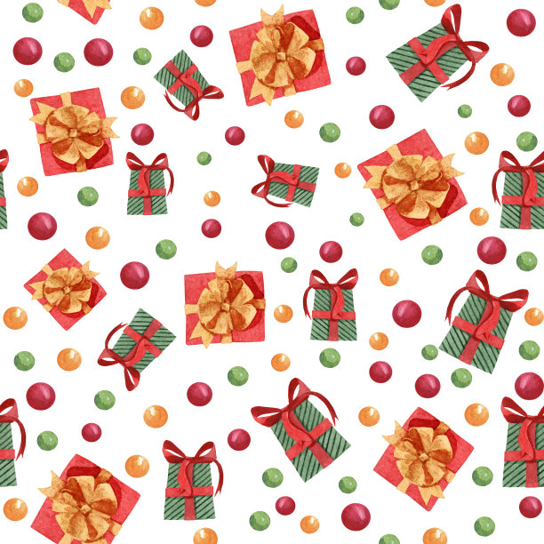 手绘水彩背景。圣诞节无缝背景与礼物和球。图片下载