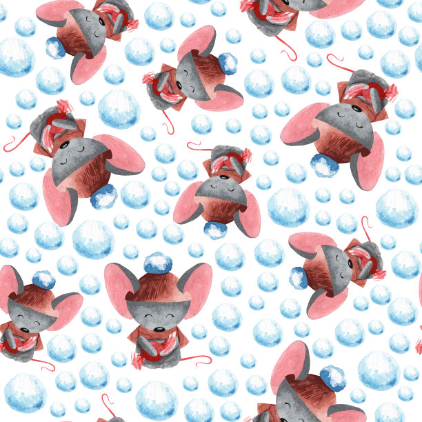 手绘无缝图案。水彩背景与鼠标和雪。图片下载
