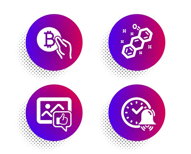 像照片，化学公式和比特币支付图标设置。警铃的迹象。向量图片下载