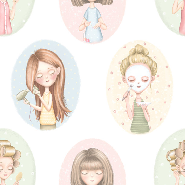 无缝模式与四个卡通女孩谁做美容图片下载
