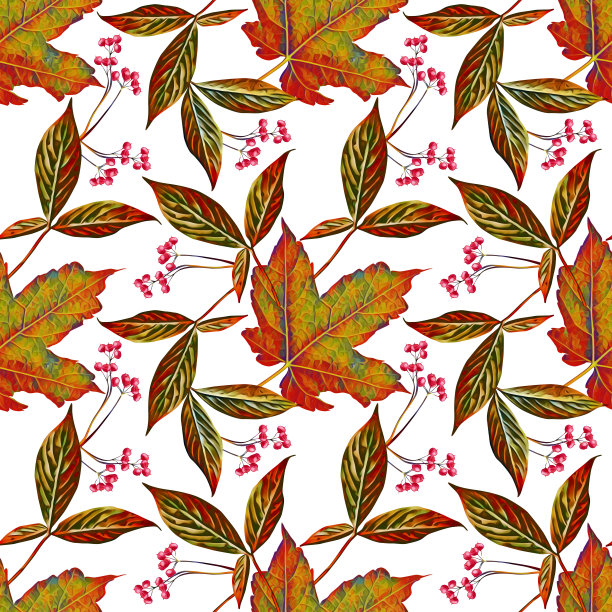 叶子和浆果无缝图案。图片下载