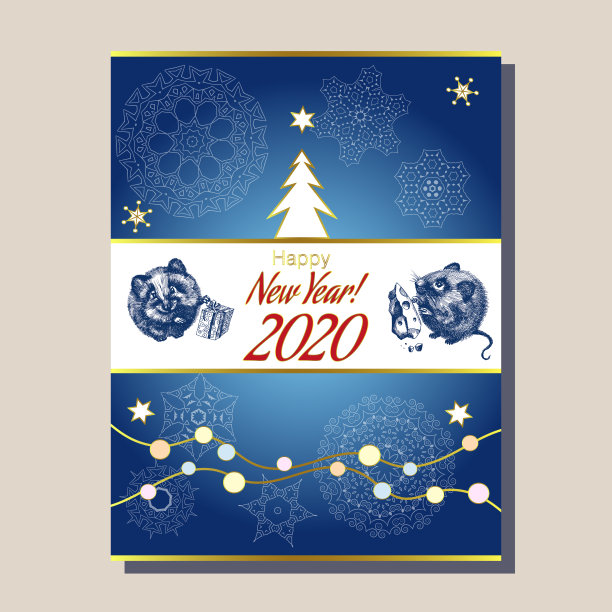 贺卡模板设计与搞笑鼠标，象征2020年。设计横幅，传单，邀请，海报，网站或贺卡。矢量图图片下载