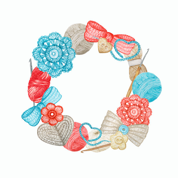 蓝红灰米色钩针店象征式圆框，品牌，化身组成的挂钩，纱线，钩针心，蝴蝶结，花。插图手工钩针与球的纱线图标图片下载