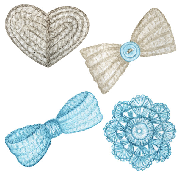 近钩针灰色心，弓，浅蓝色花手工概念上的白色背景。水彩手绘爱好编织和钩针套。图片下载