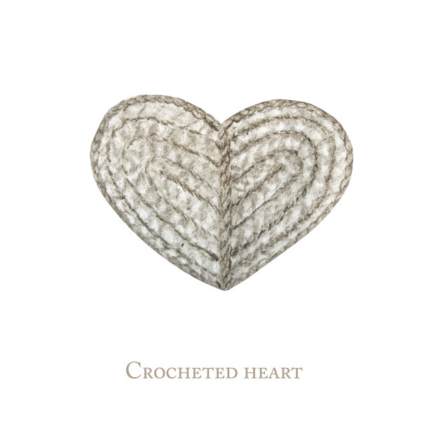 近钩针灰色心手工制作的概念在白色的背景。水彩手绘爱好编织和钩针羊毛心。情人节爱情贺卡，海报概念图片下载