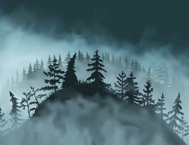 山上有松树，云杉，草地覆盖着白雾和蓝雾。图片下载