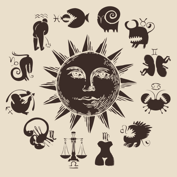 黄道带以太阳和有趣的人物为圆圈图片下载