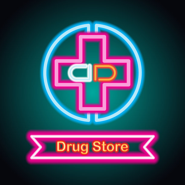 医药药店、药店为医药企业提供霓虹招牌、矢量插图图片下载