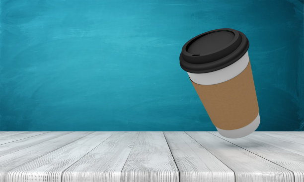 纸咖啡杯的3d渲染在白色的木地板和深绿松石背景图片下载