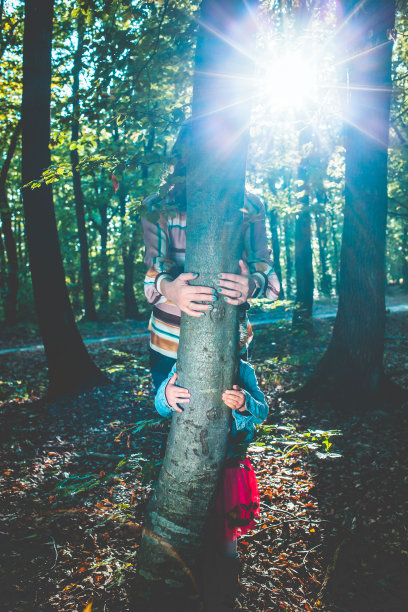 妇女和小女孩双手拥抱树木-对抗气候变化，为我们的孩子拯救地球图片下载