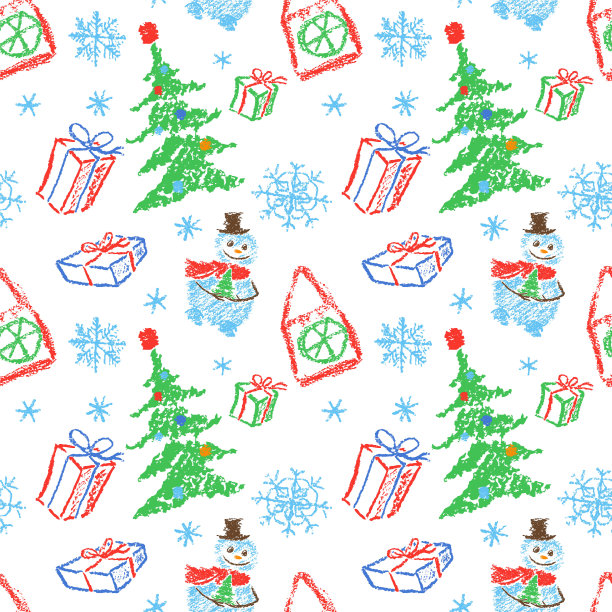 孩子手绘圣诞无缝有趣的简单图案。喜欢孩子画微笑的雪人、树、礼盒、雪花和房子。图片下载